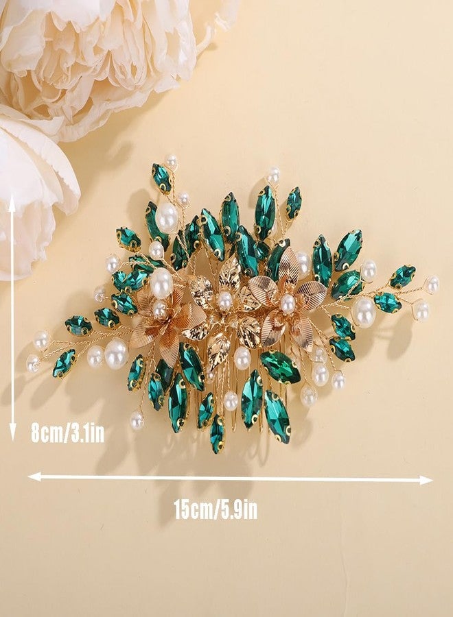 Rumtock Green Rhinestones Beads Hair Piece for Wedding Brides Bridesmaid Pearl Handmade Hair Comb for Women (Green) - Image 2